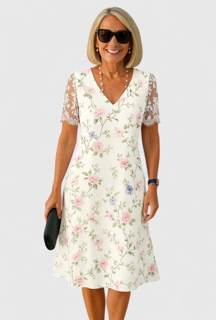 V Neck Floral Lace Sleeve Dress