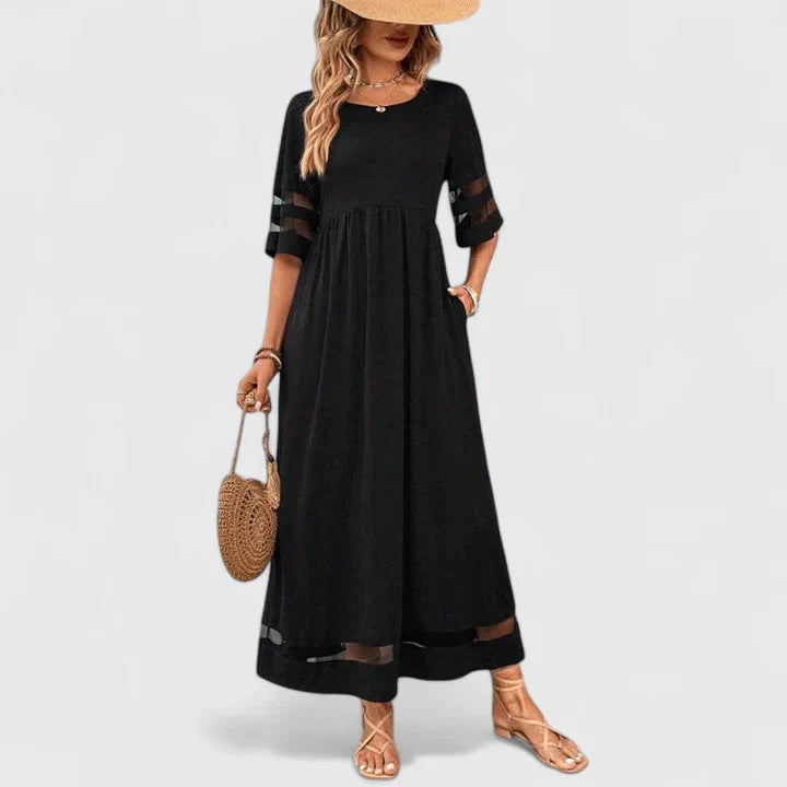 Short Sleeve Loose Fit Maxi Dress Mesh Detail
