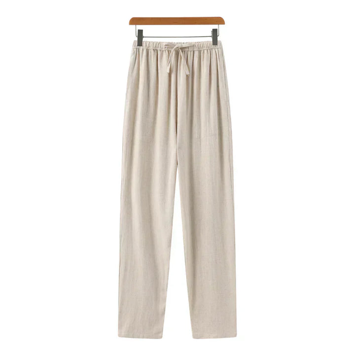 Drawstring Straight Leg Linen Trousers - Relaxed Casual Fit
