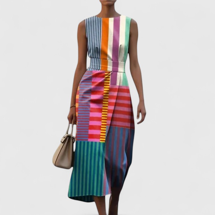 Sleeveless Patchwork Striped Midi Dress