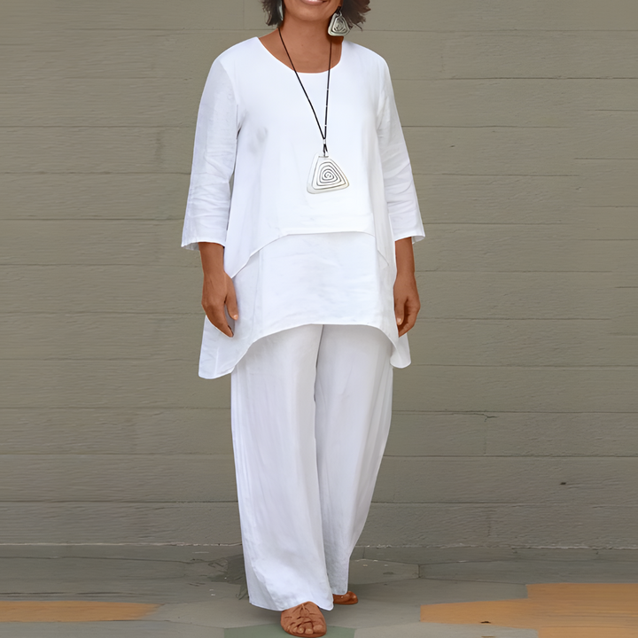 Asymmetric Linen Two Piece Set Women - Casual Wide Leg