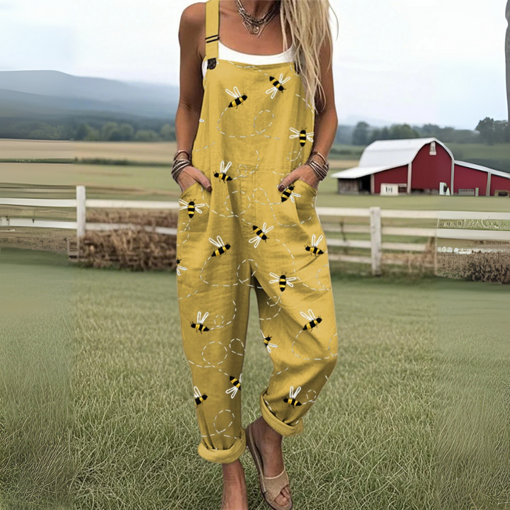 Bumble Bee Print Linen Casual Dungaree Jumpsuit Women