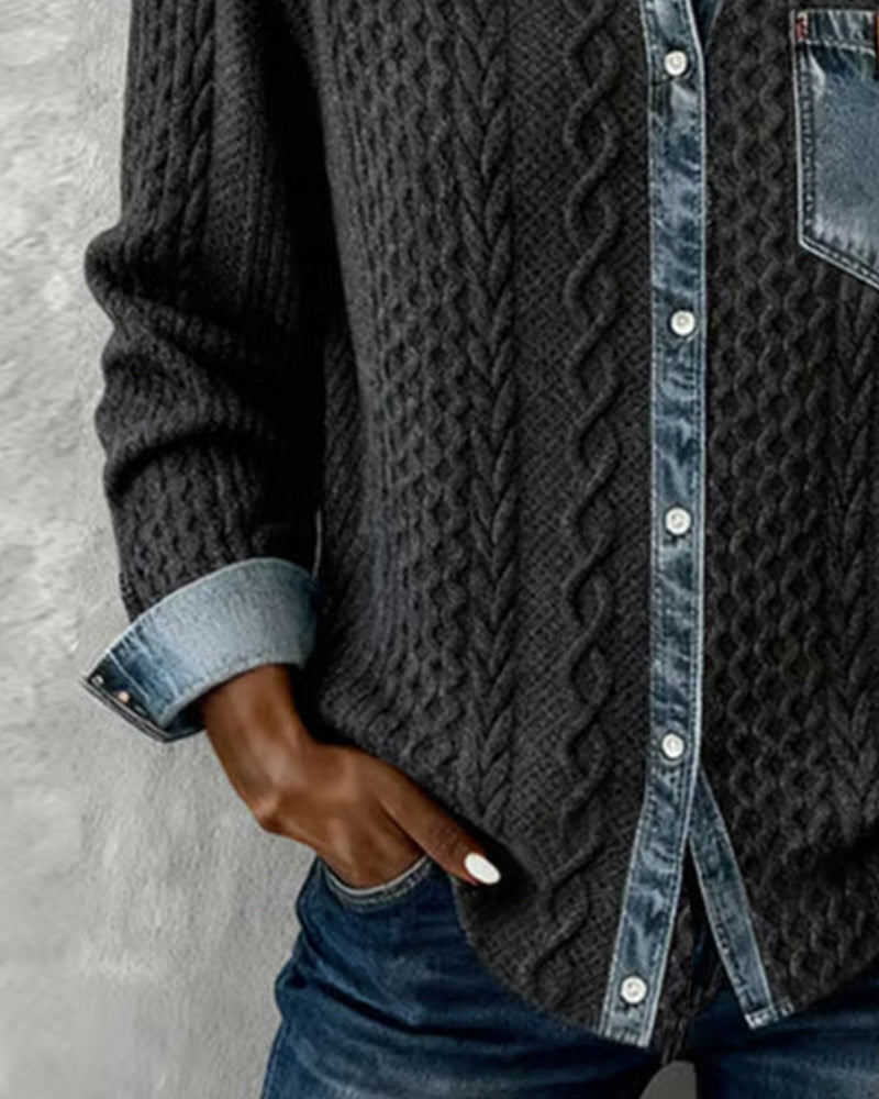 Beatrix | Women's Cable Knit Button-Down Sweater Shirt with Denim Trim