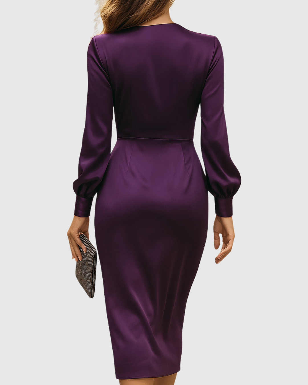 Long Sleeve Satin Wrap Midi Dress Belted