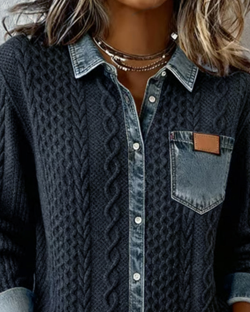 Beatrix | Women's Cable Knit Button-Down Sweater Shirt with Denim Trim
