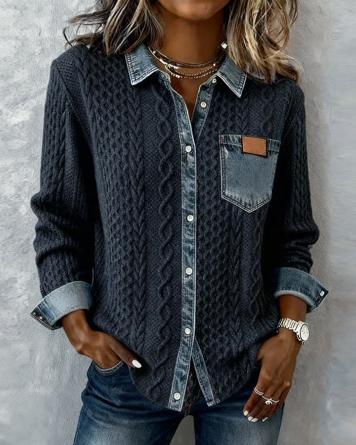 Beatrix | Women's Cable Knit Button-Down Sweater Shirt with Denim Trim
