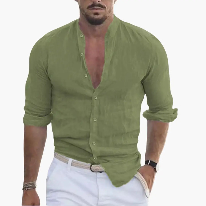 Band Collar Button Through Roll Sleeve Relaxed Linen Shirt