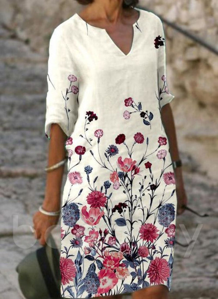 Wildflower Floral V Neck Three Quarter Sleeve Relaxed Linen Midi Dress