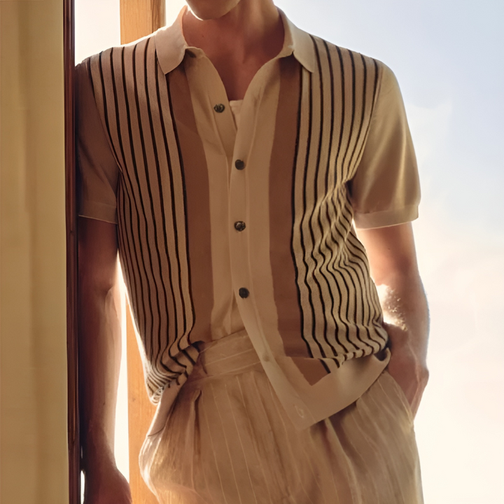 Vertical Stripe Knit Button Down Polo Shirt Men