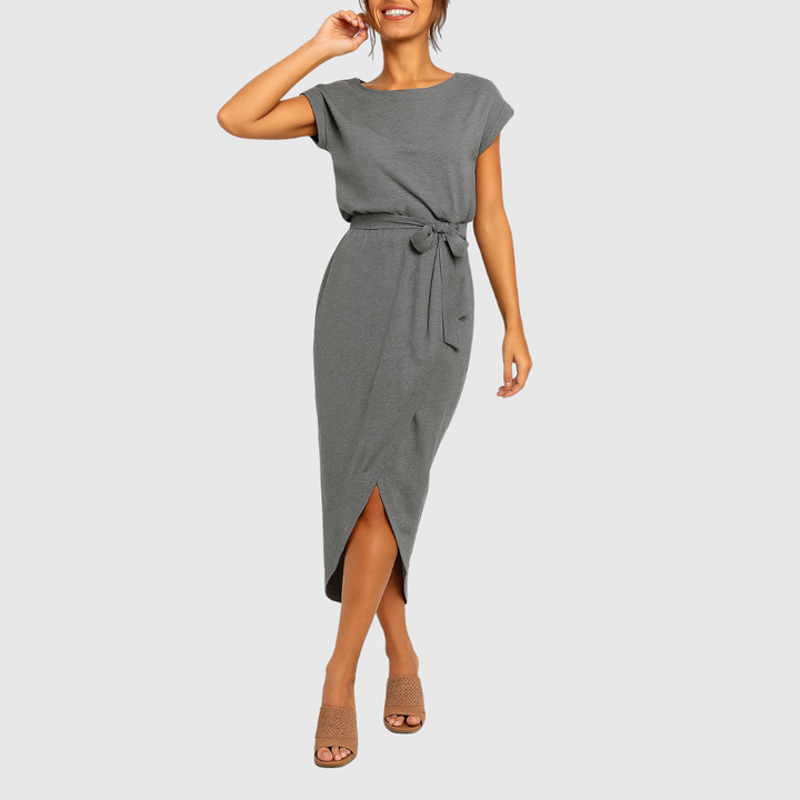 Cap Sleeve Belted Casual Midi Dress Side Split