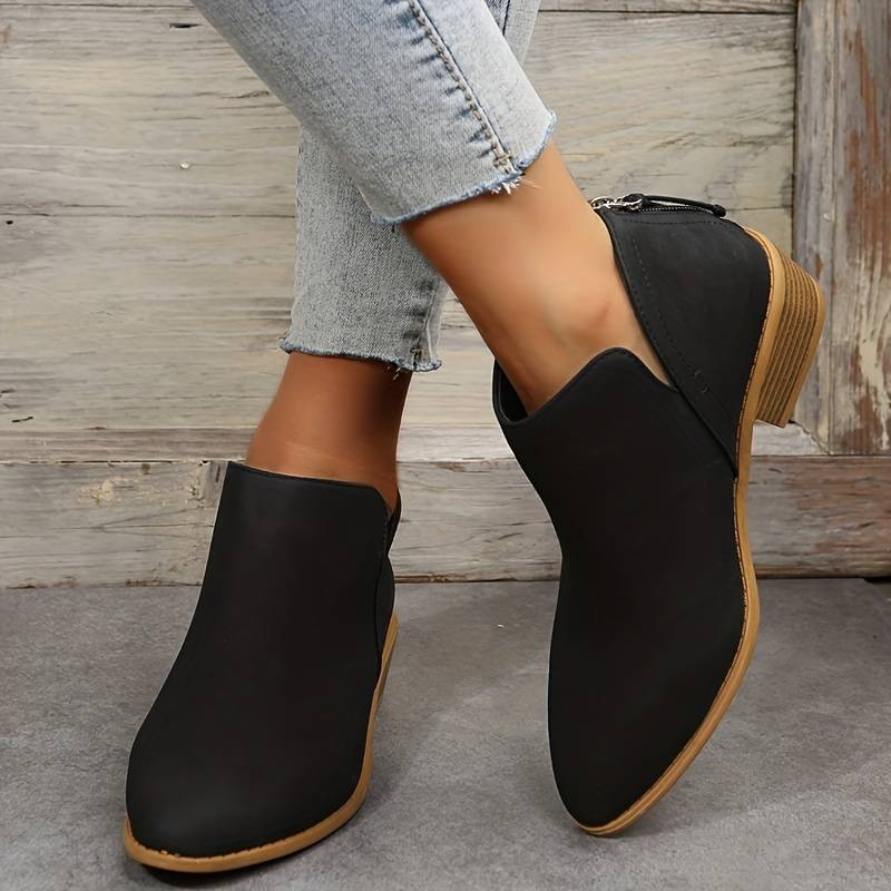 V Cut Pointed Toe Side Zip Stacked Heel Suede Ankle Boot