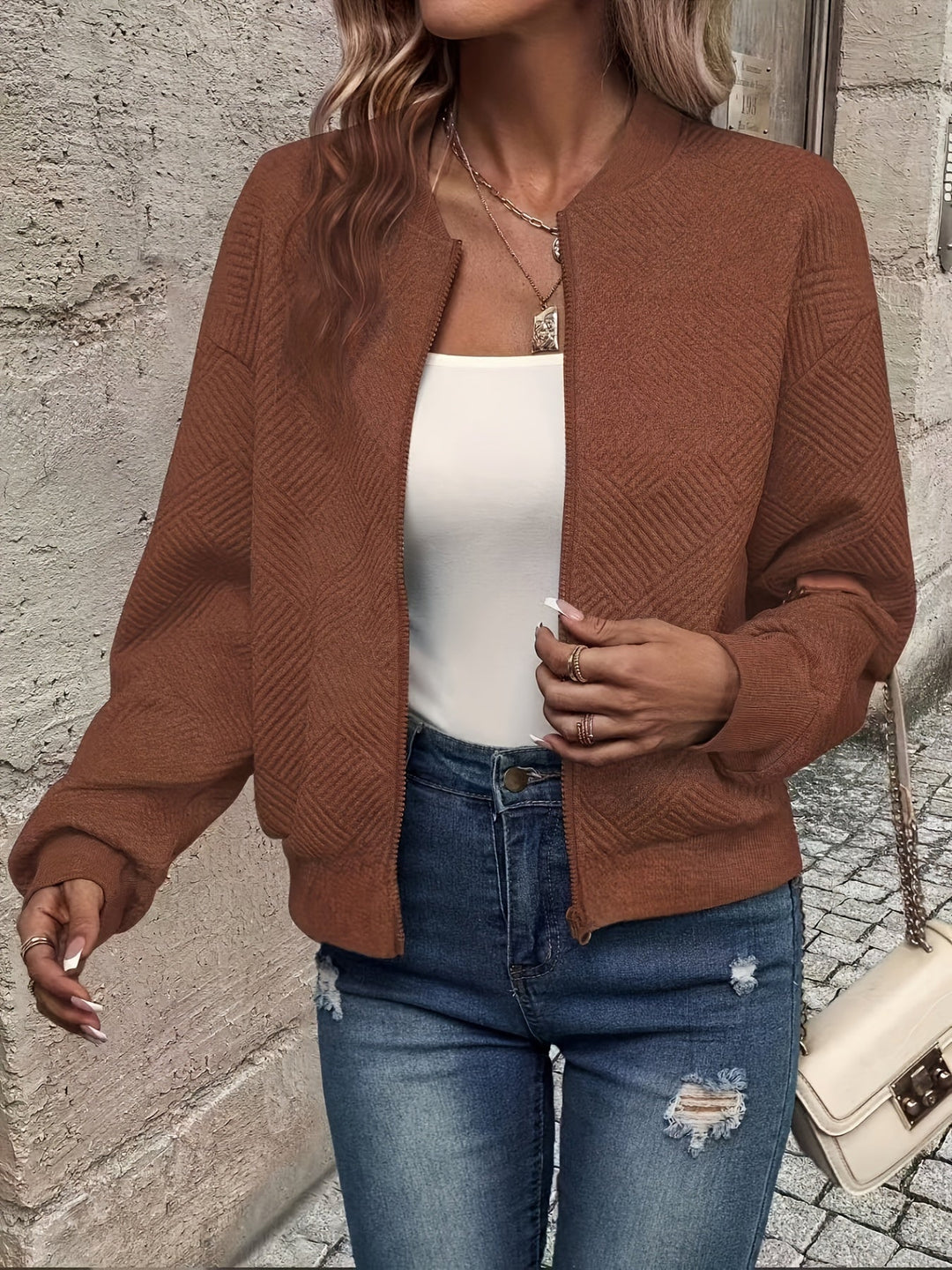 Rhiannon | Women's Geometric Textured Cropped Bomber Jacket