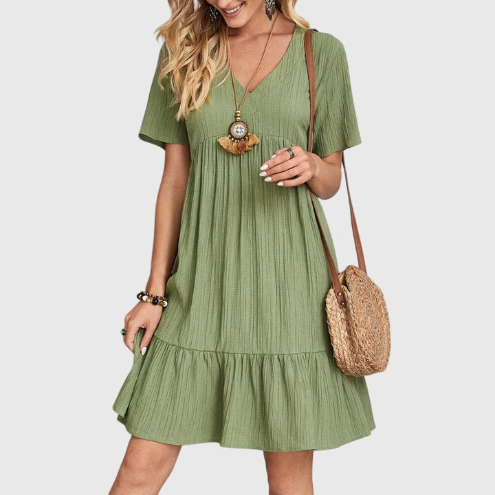 Short Sleeve V Neck Smock Mini Dress