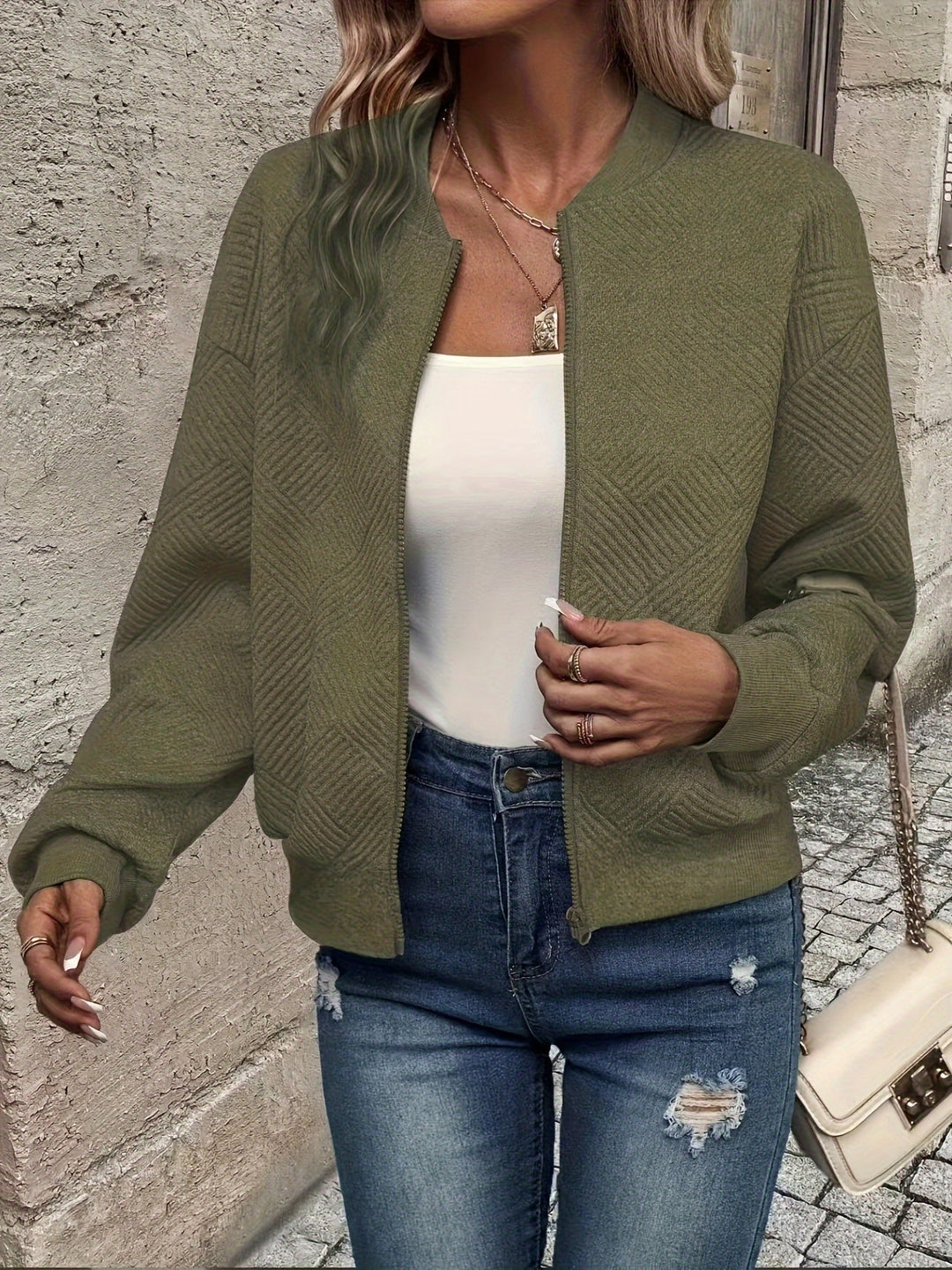 Rhiannon | Women's Geometric Textured Cropped Bomber Jacket