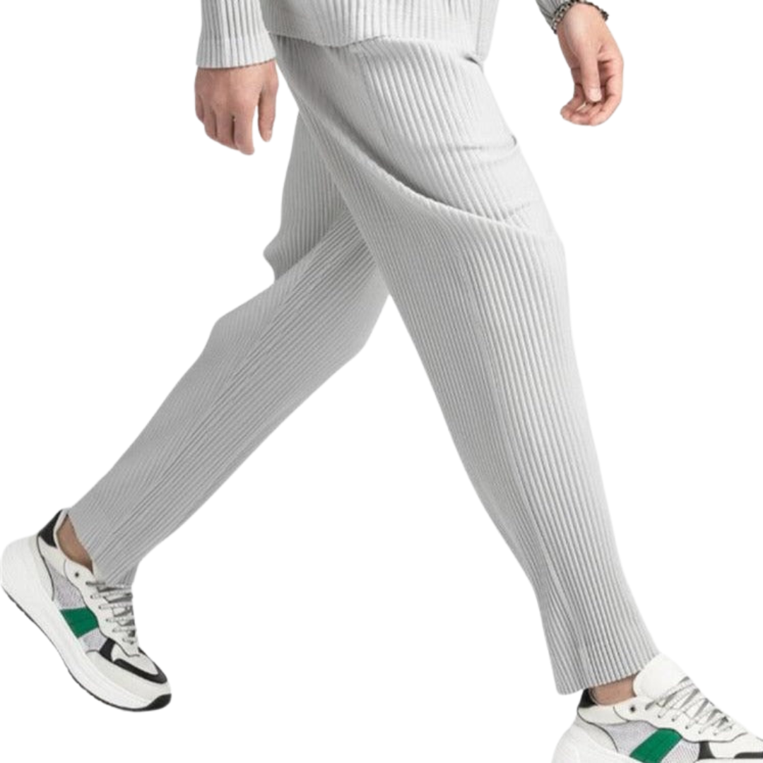 Ribbed Pleated Wide Leg Casual Trousers - Textured Smart Fit