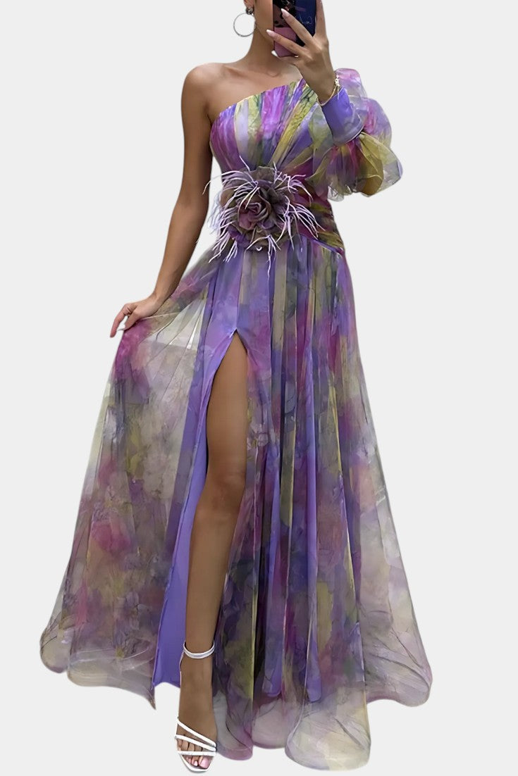 One Shoulder Floral Maxi Dress with High Split