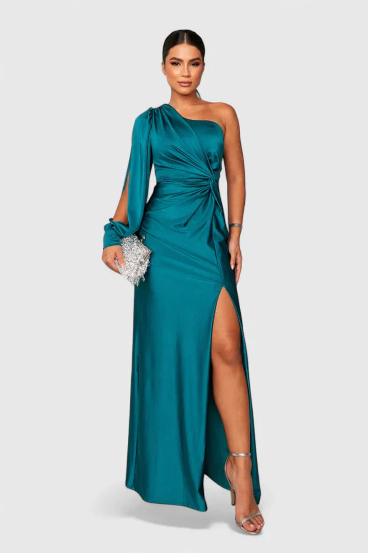 Elegant One Shoulder Satin Maxi Dress With High Split