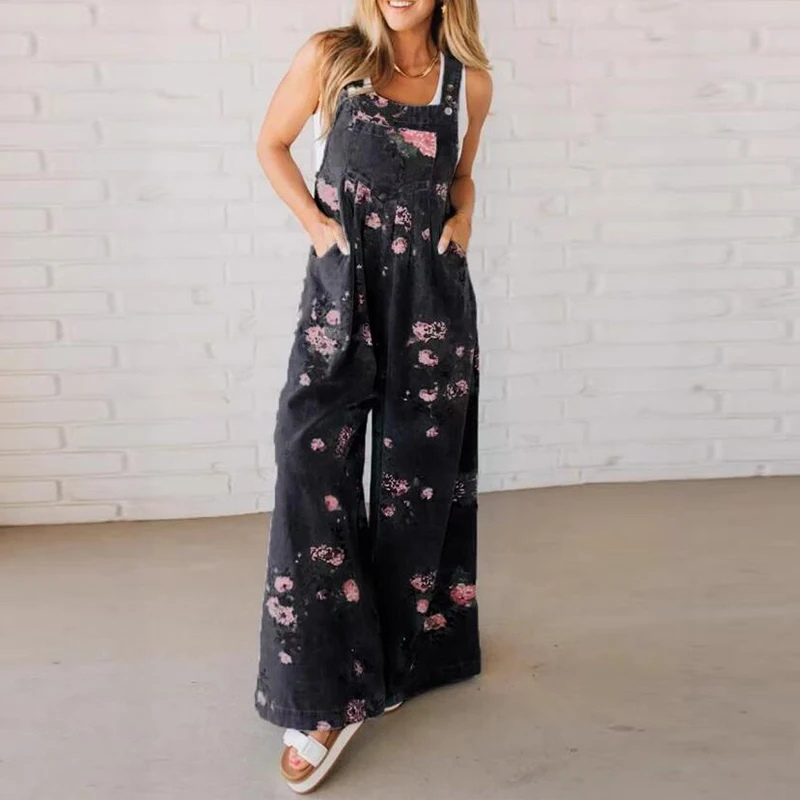 Floral Print Wide Leg Dungaree Jumpsuit Women