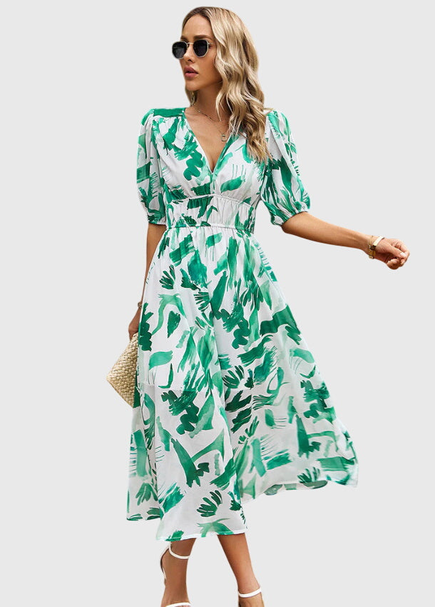Short Sleeve Floral Midi Dress Elastic Waist