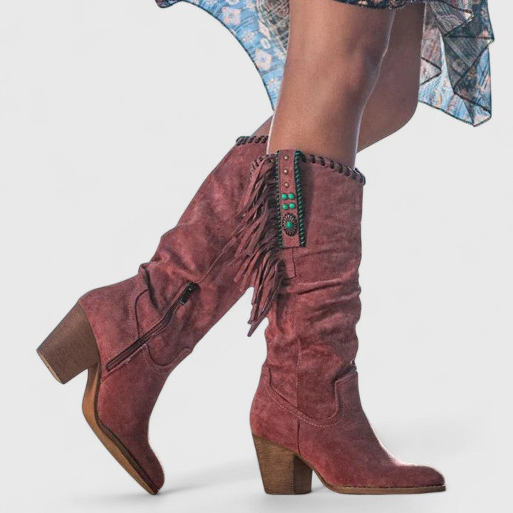 Fringe Concho Stitch Trim Slouch Suede Knee High Western Boot