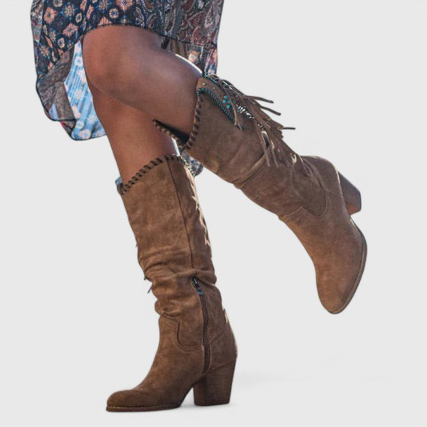 Fringe Concho Stitch Trim Slouch Suede Knee High Western Boot