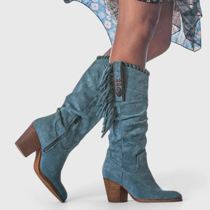 Fringe Concho Stitch Trim Slouch Suede Knee High Western Boot