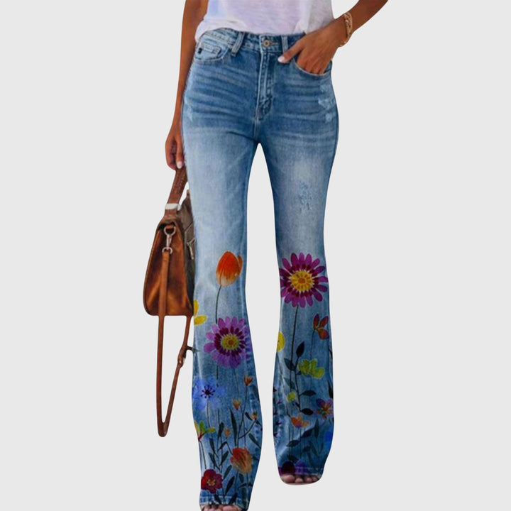 Floral Print High Waisted Flare Jeans Women - Boho Style