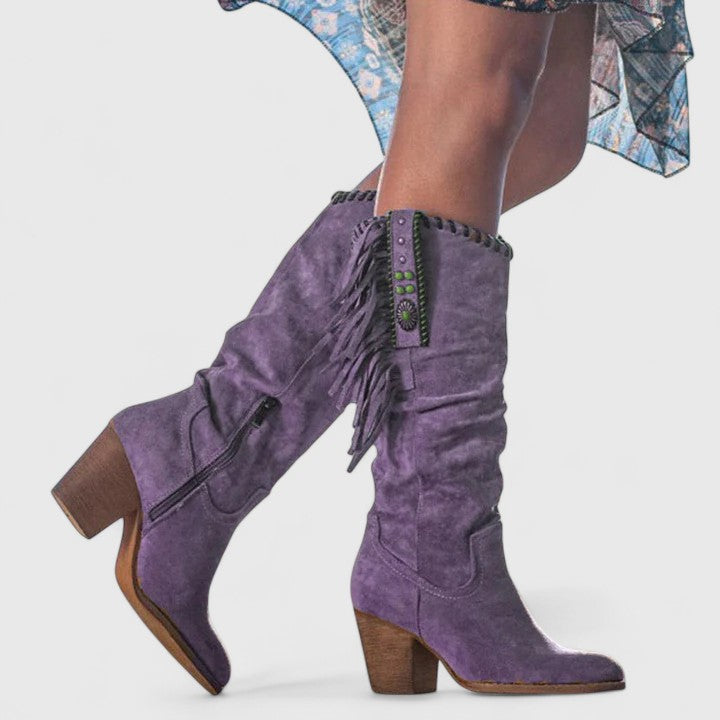 Fringe Concho Stitch Trim Slouch Suede Knee High Western Boot