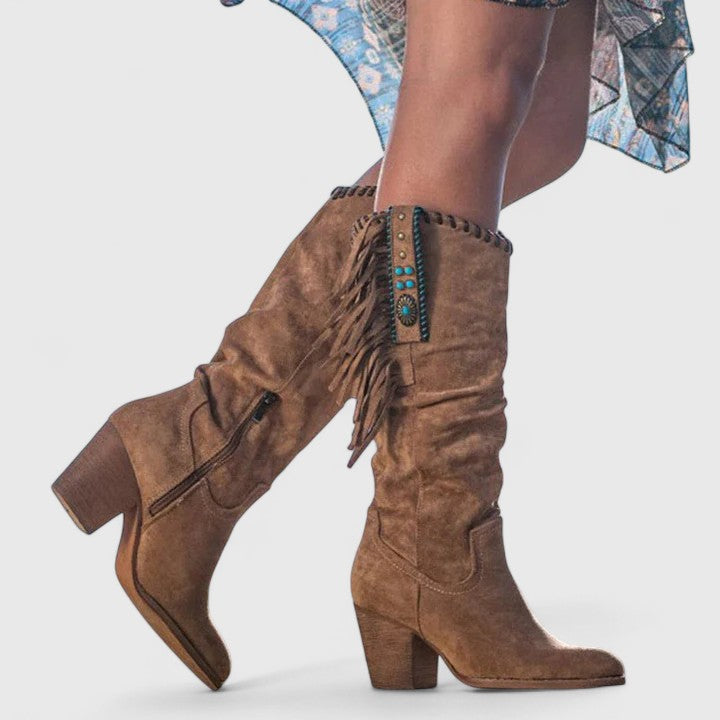 Fringe Concho Stitch Trim Slouch Suede Knee High Western Boot
