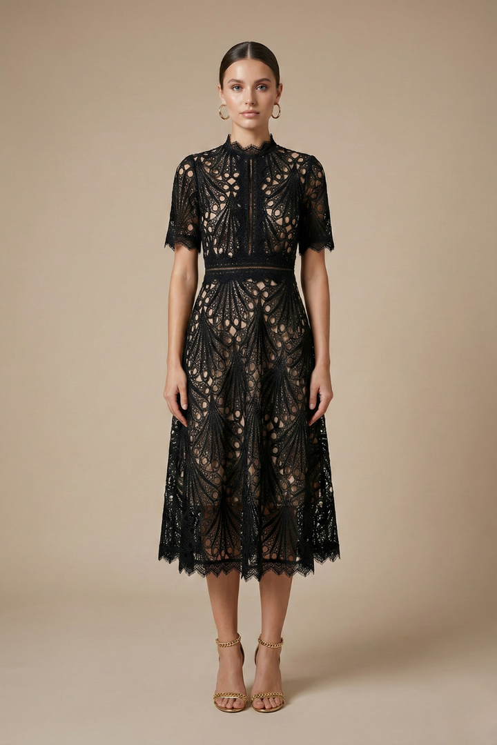 Cutwork Lace High Neck Short Sleeve A Line Midi Dress - Wedding Guest