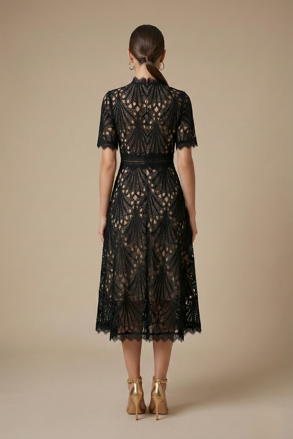 Cutwork Lace High Neck Short Sleeve A Line Midi Dress - Wedding Guest