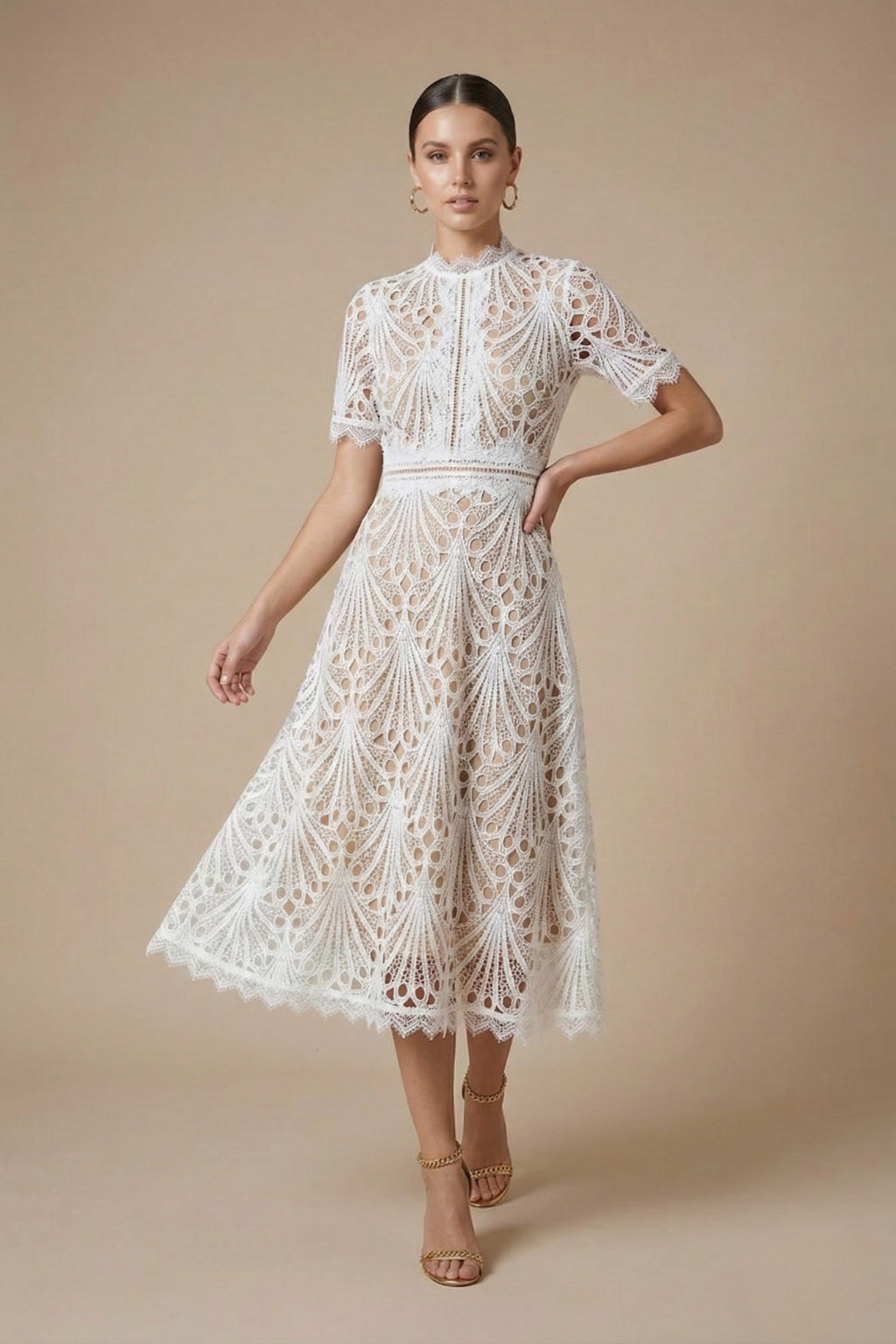 Cutwork Lace High Neck Short Sleeve A Line Midi Dress - Wedding Guest