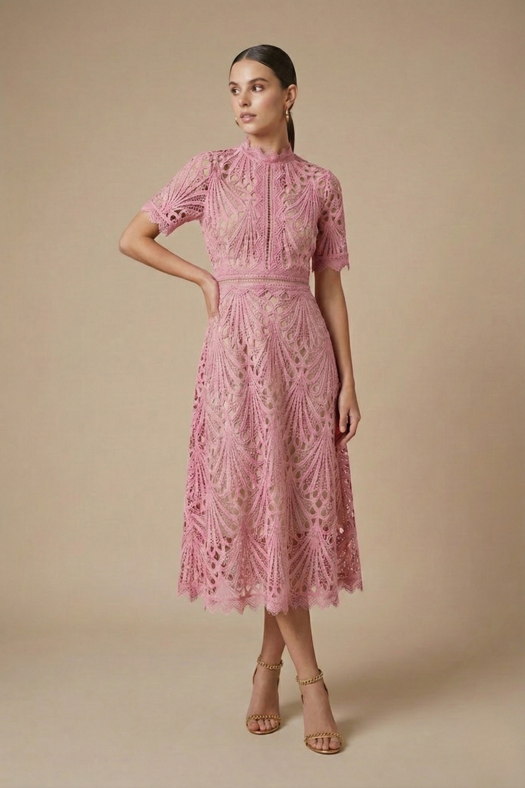 Cutwork Lace High Neck Short Sleeve A Line Midi Dress - Wedding Guest