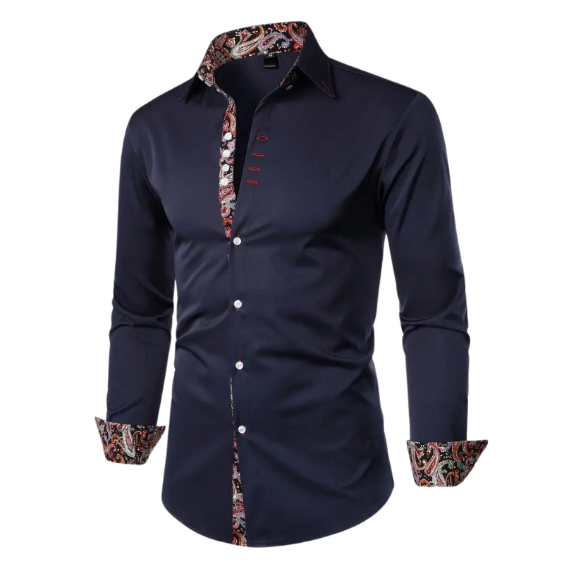 Paisley Contrast Trim Slim Fit Long Sleeve Dress Shirt
