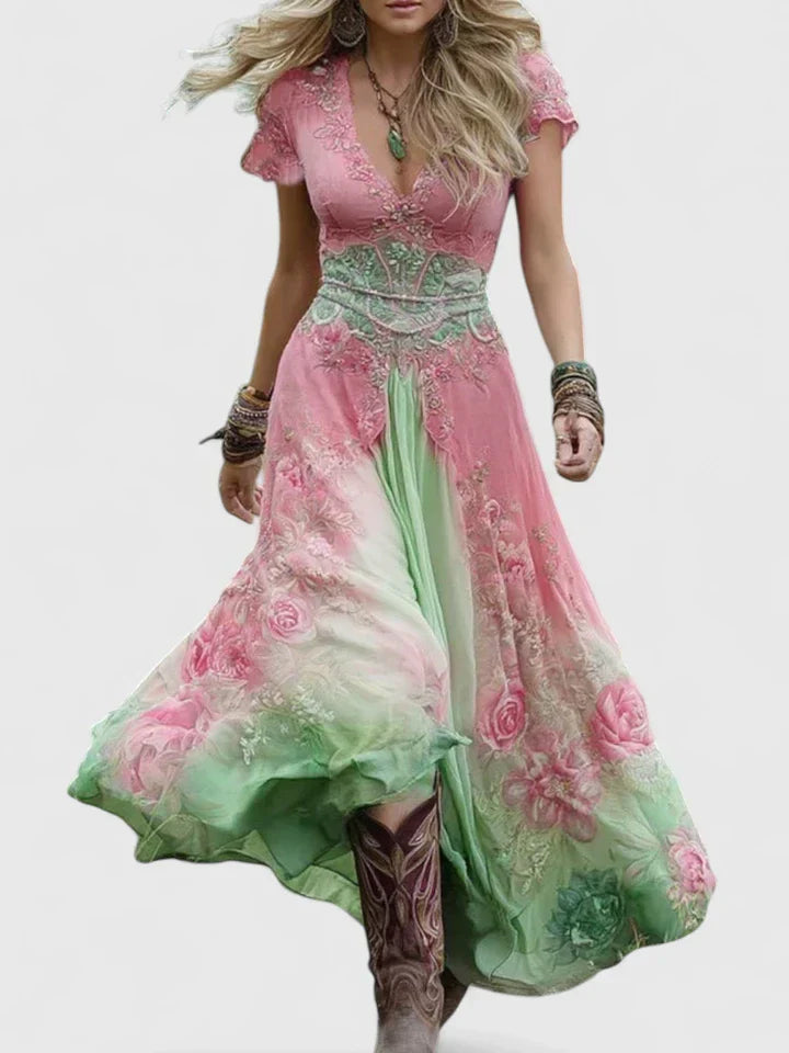 V Neck Boho Maxi Dress Short Sleeve