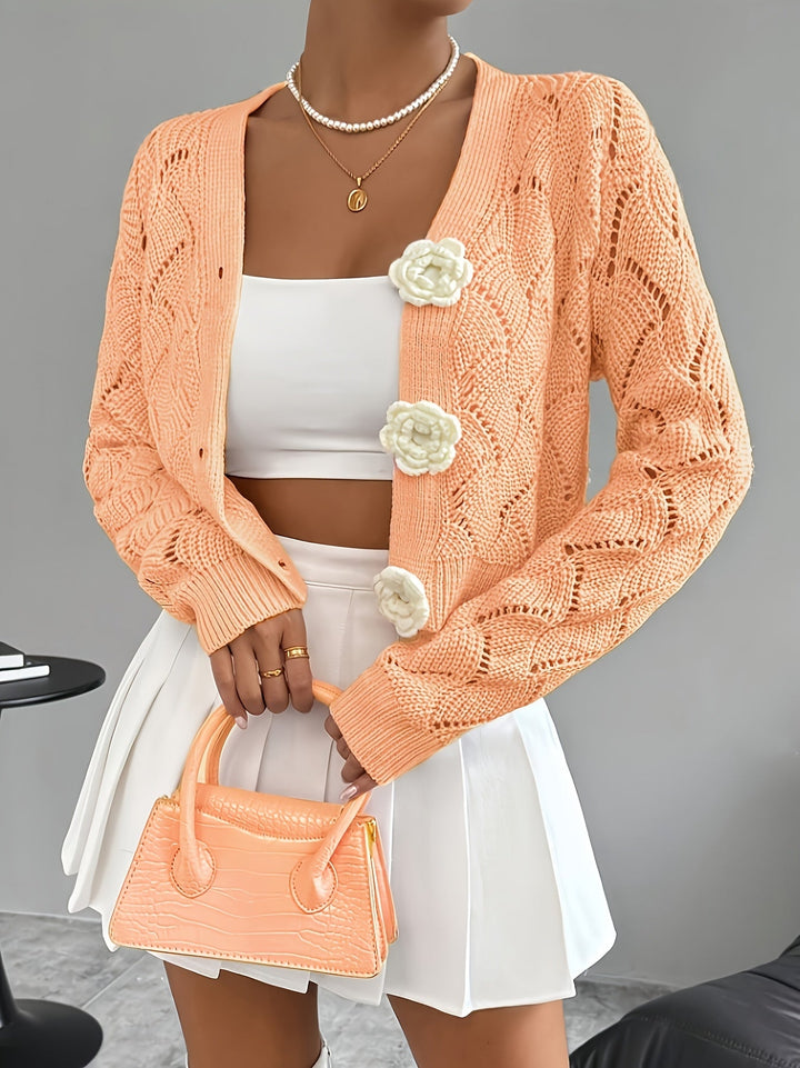 Marigold | Women's Scalloped Crochet Cardigan with 3D Rose Buttons