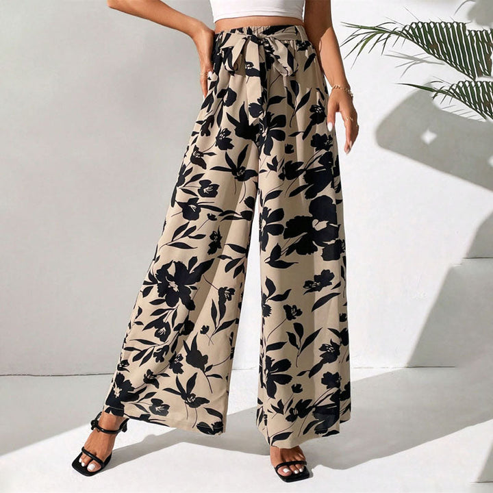 Floral Print Belted High Waisted Wide Leg Pants Women