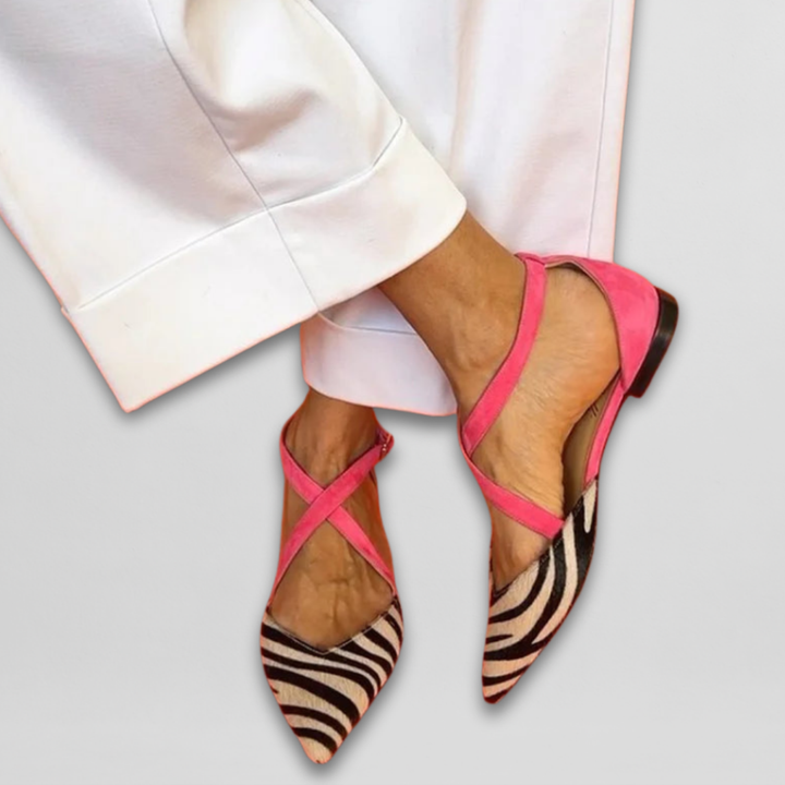 Zebra Print Cross Strap Ballet Flats Women - Pointed Toe