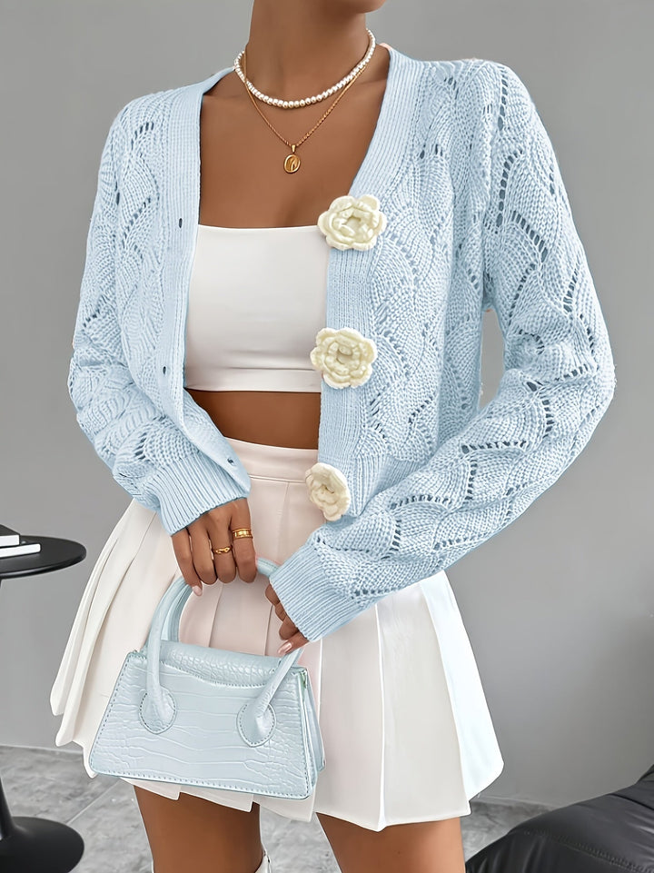 Marigold | Women's Scalloped Crochet Cardigan with 3D Rose Buttons