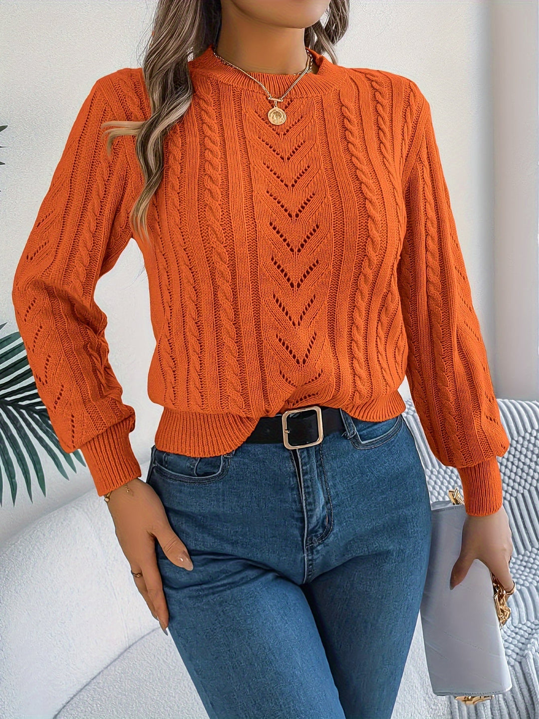 Dorothea | Women's Crew Neck Sweater in Textured Pointelle and Cable Knit