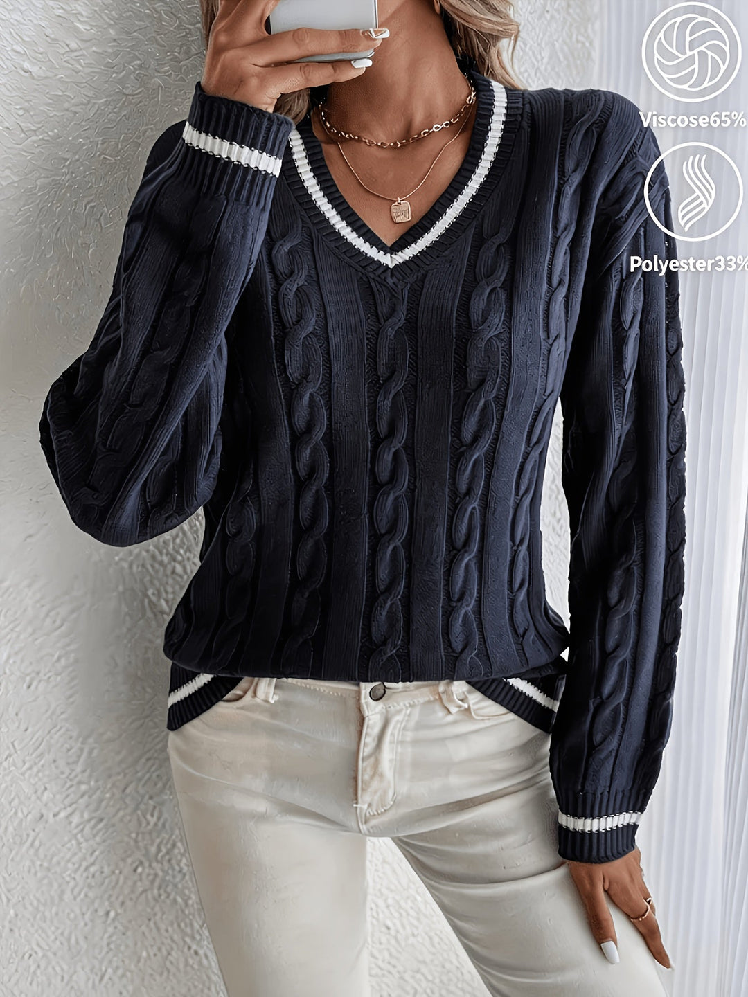 Verona | Women's Oversized Varsity Stripe V-Neck Pullover Sweater in Cable Knit