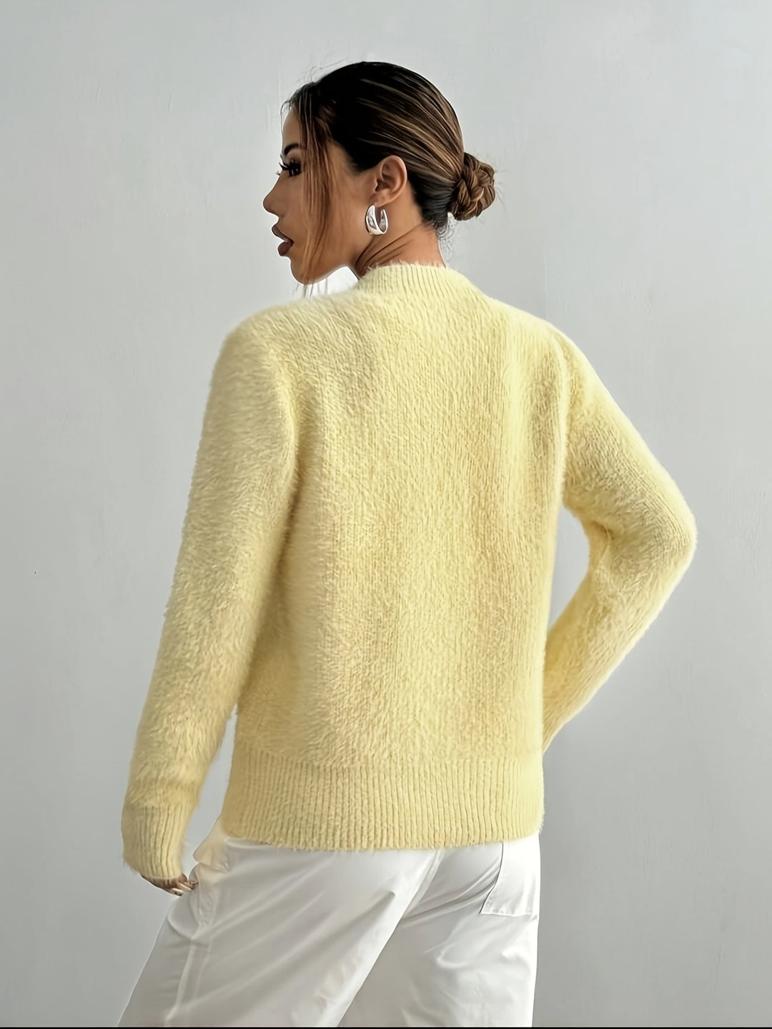 Sable | Women's Fuzzy Round Neck Cardigan with Multicolour Heart Buttons