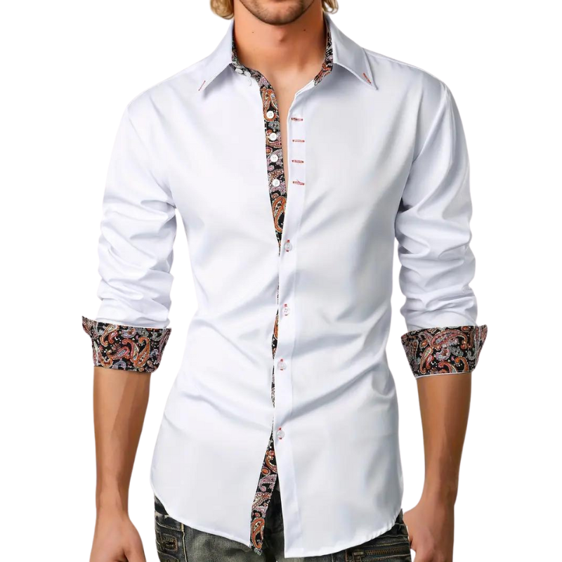 Paisley Contrast Trim Slim Fit Long Sleeve Dress Shirt