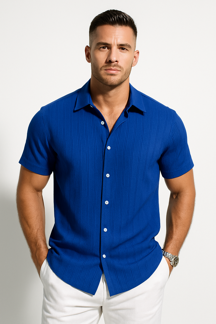 Textured Stripe Short Sleeve Button Down Casual Shirt
