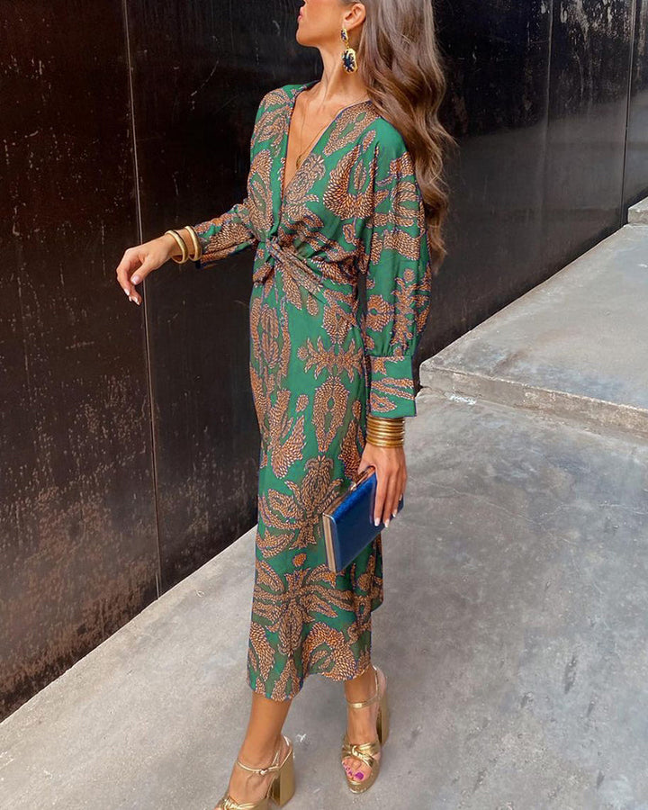 Women's Paisley Print Midi Dress Long Sleeve Twist Front Casual