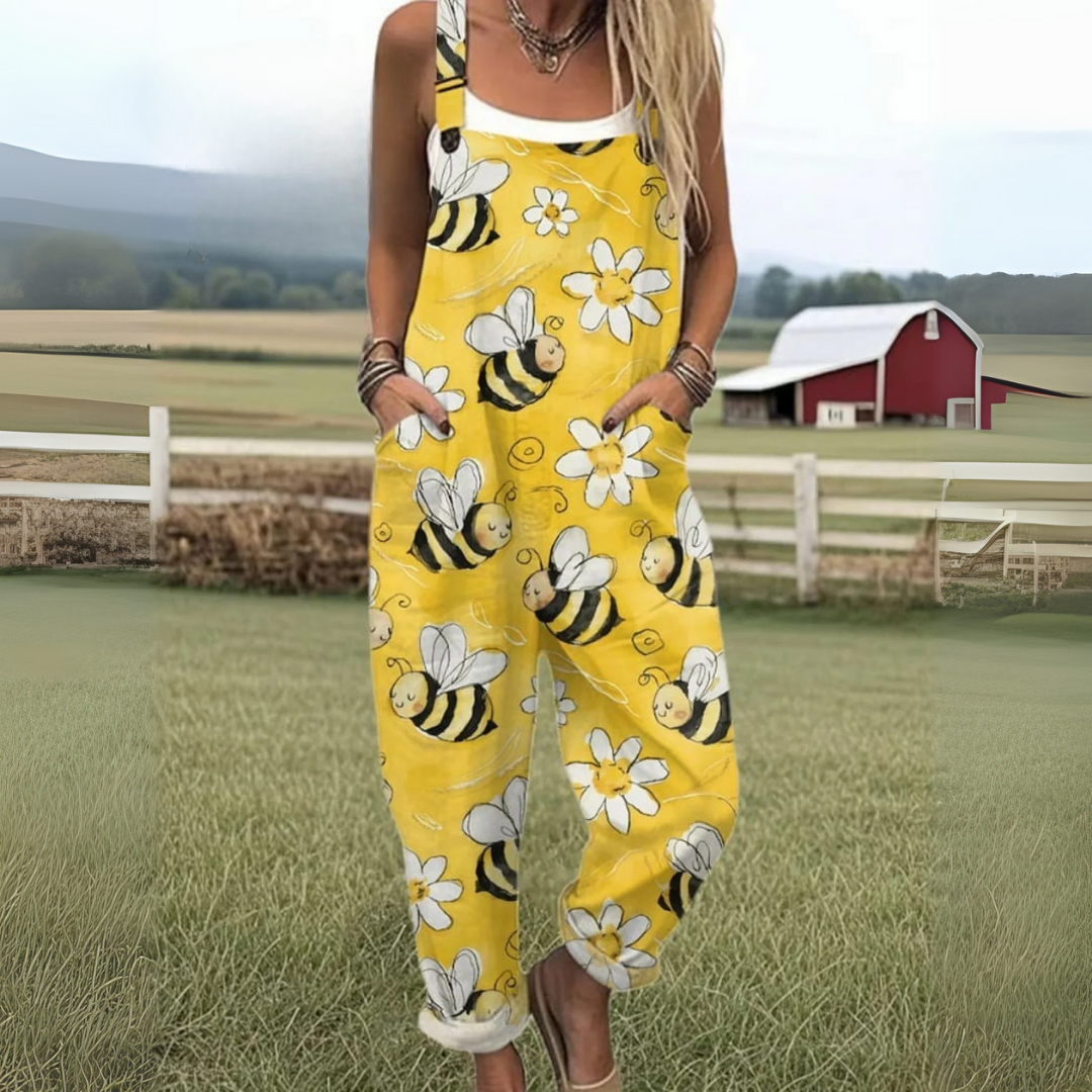Bumble Bee Print Linen Casual Dungaree Jumpsuit Women