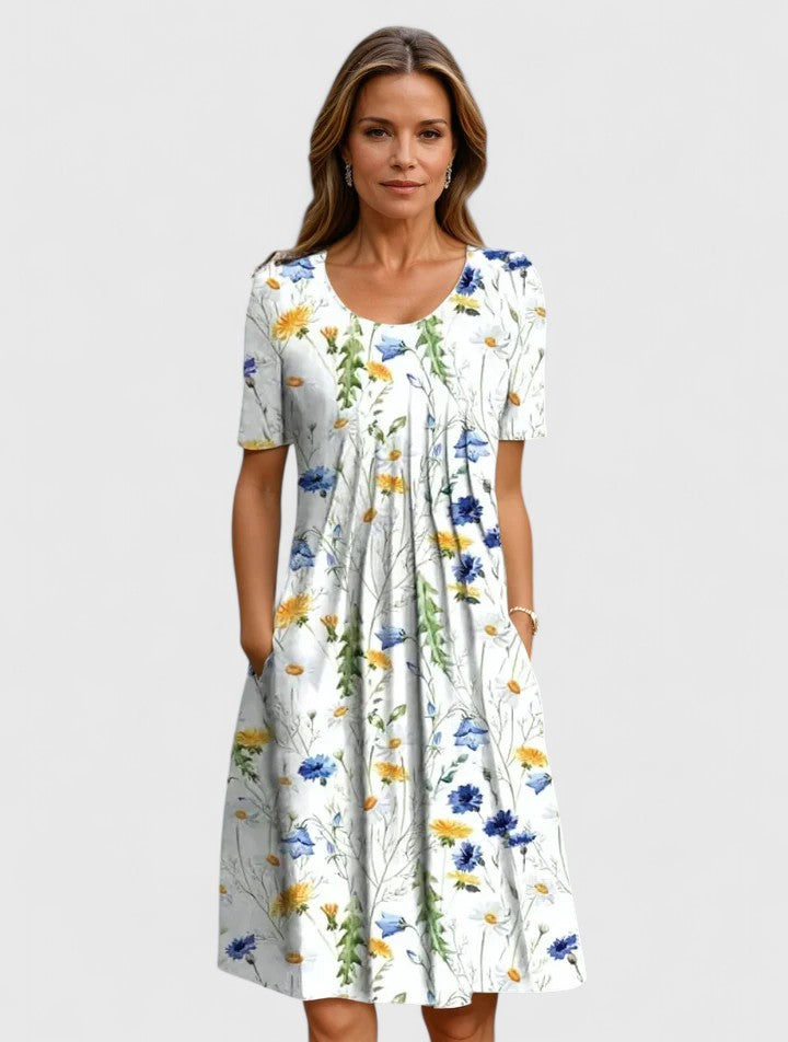 Short Sleeve Floral Knee Length Dress Loose Fit