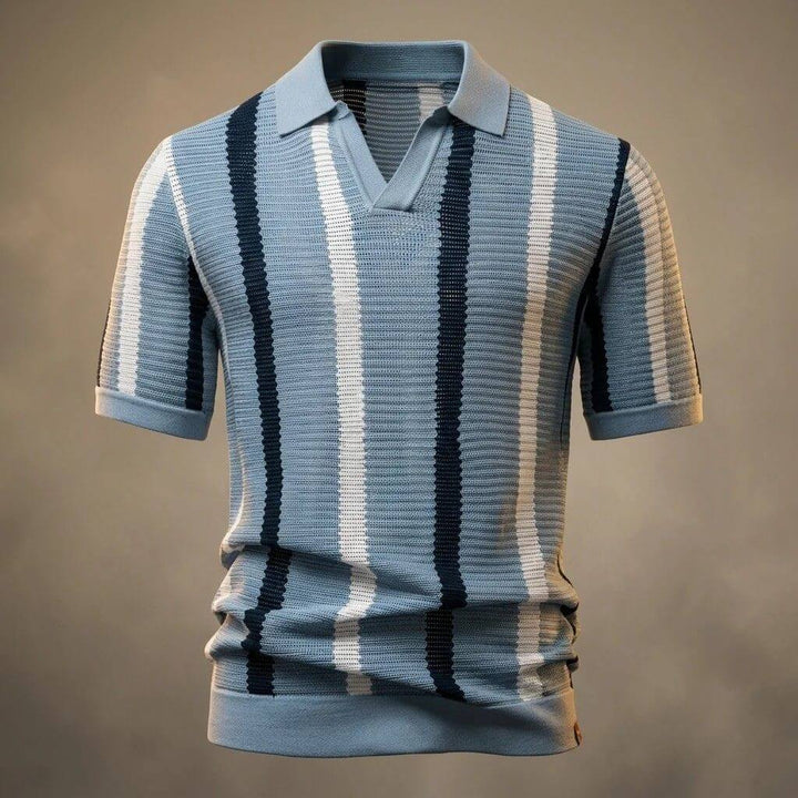 Vertical Stripe Open Collar Knit Short Sleeve Polo Shirt