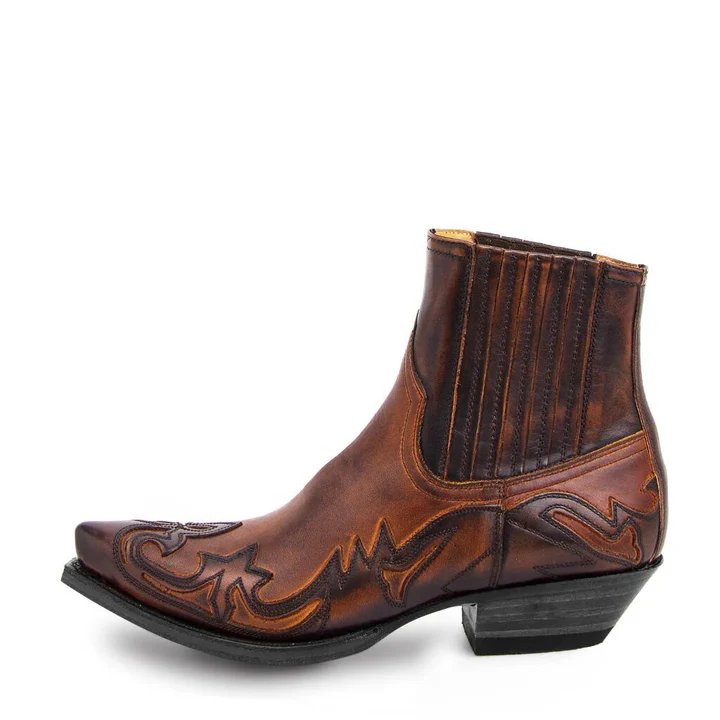 Men's Embroidered Snip Toe Pull On Leather Cowboy Ankle Boot