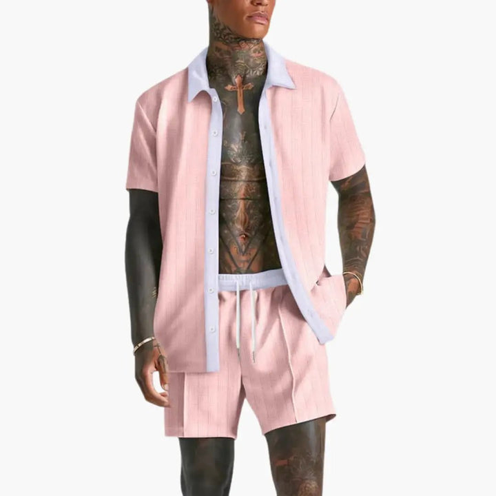 Contrast Trim Short Sleeve Shirt and Drawstring Short Matching Set
